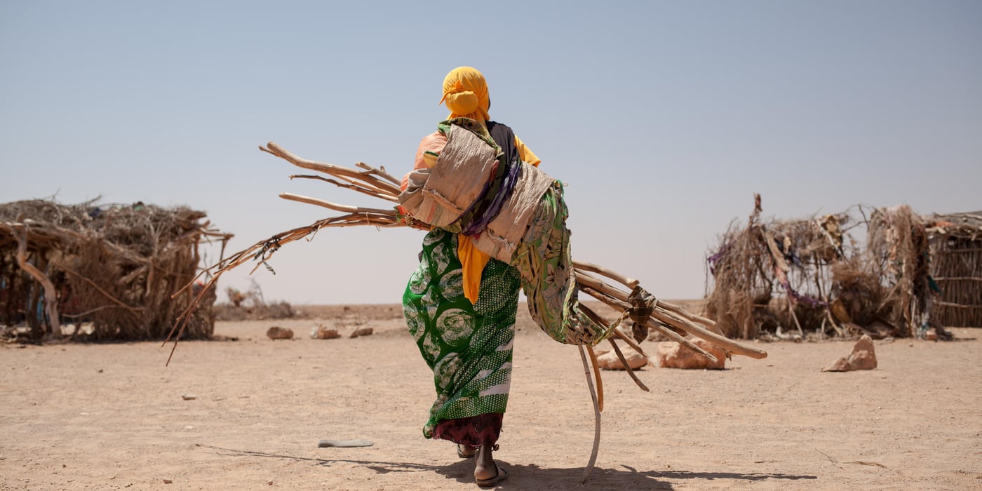 Somalia. Photo by Adrienne Suprenant.  On the side of the road going from Burao to Erigavo in the Sanaag region, the little village of Shisha counts 60 newly arrived internally displaced families. It almost doubled the village population on a very short period of time. 

Miglo Barre, carrying the wood, fabric and cords necessary to build her tent just arrived. She walked four hours, crossing the mountains bordering the dry valley. From her 200 sheeps, nothing is left. Sick from the lack of food, her husband is now in Garadag's hospital, leaving her alone to care for their five children. 

She will look for a place to build the tent, and when done, will go back on the other side of the mountain, and come back walking with her children. She is hoping to receive help from the muslim community or from NGO's as she stays closer to the road, and not in an isolated valley as she used to.