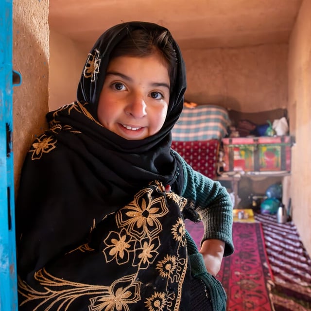 En ung flicka står i dörröppningen till sitt hem och ler mot kameran. Hon bär en svart sjal med broderade blommor i guld och en grön tröja.