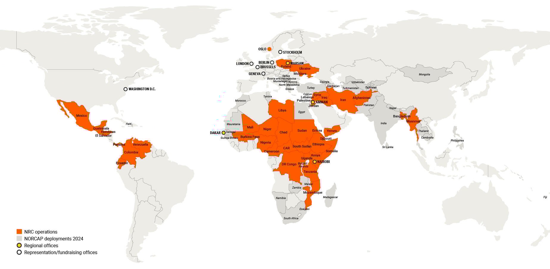 Karta över de länder som NRC arbetar i.