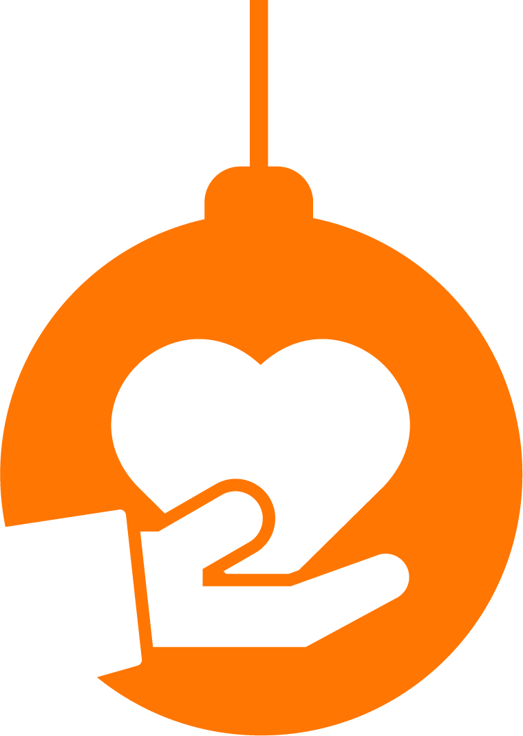 Orange bauble decorated with a hand holding a heart.